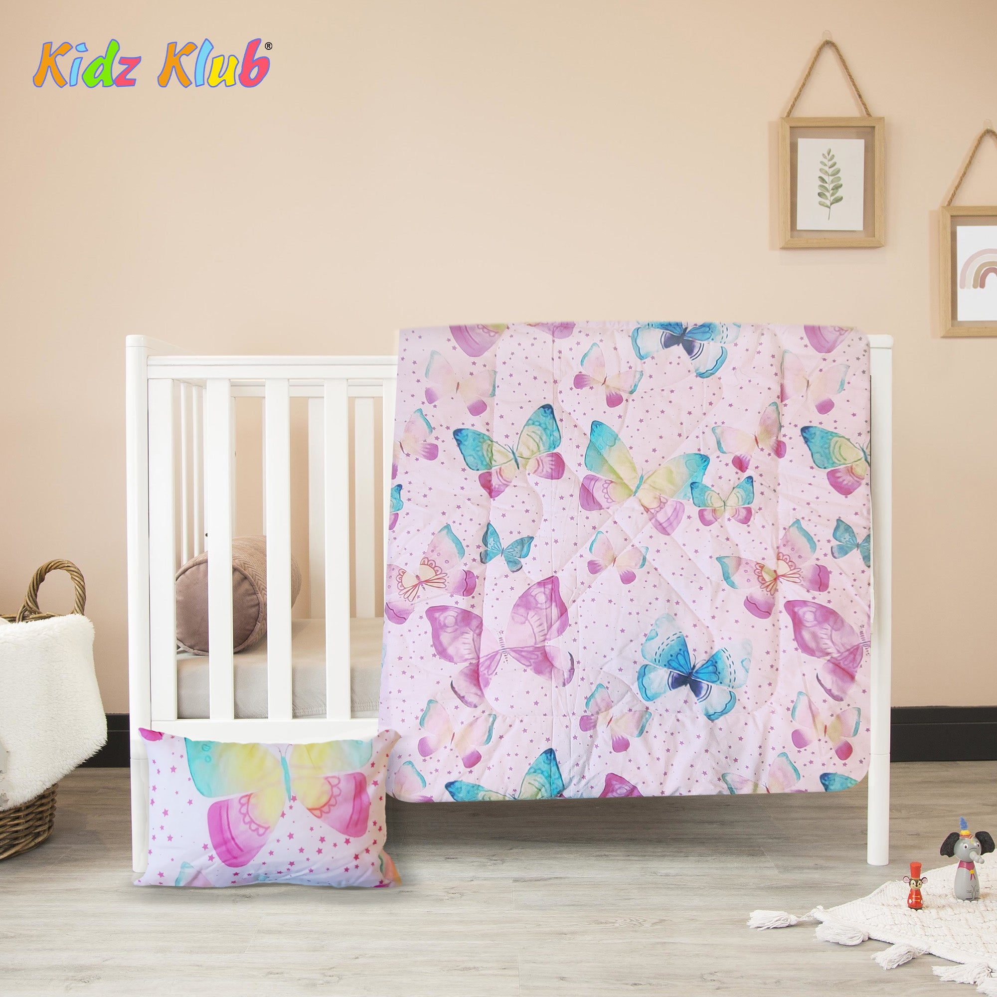 Kidz Klub 7-Piece Baby Cot Bedding Set – Soft Cotton, Pink Butterfly Design