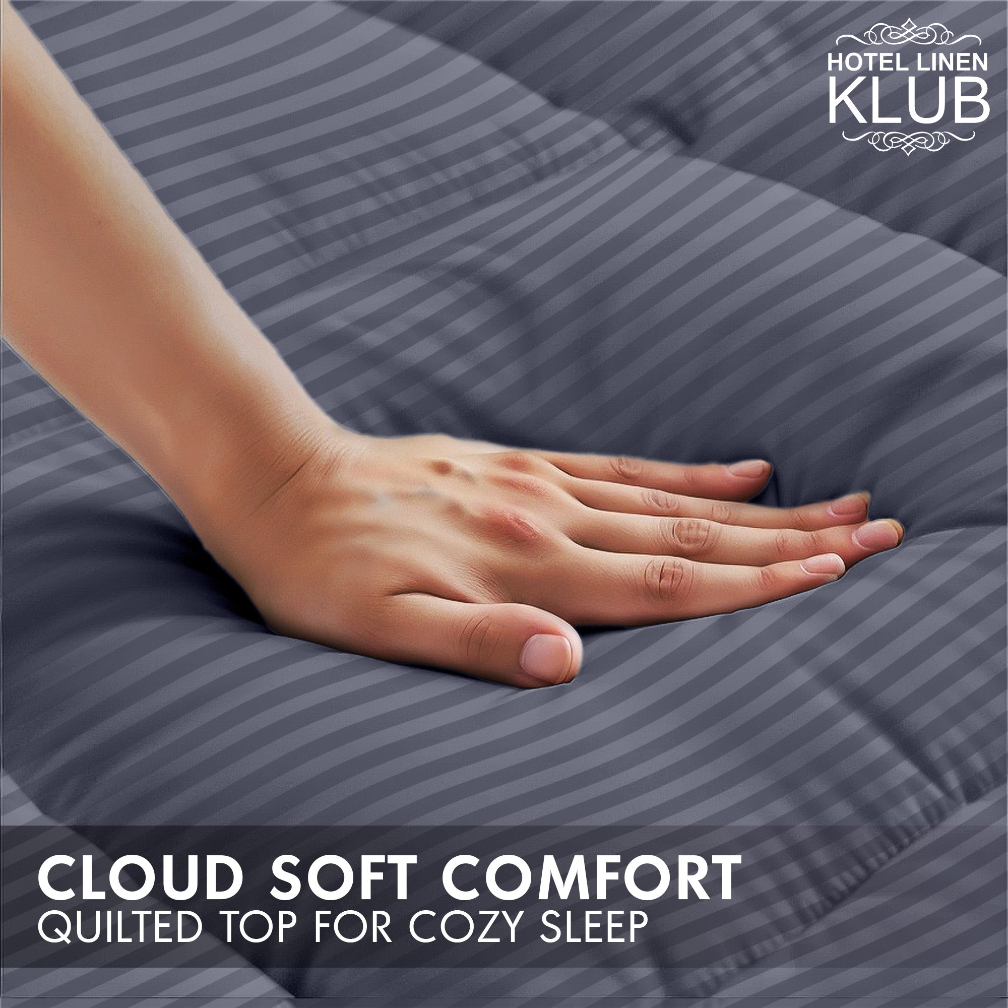 Hotel Linen Klub Fitted Mattress Topper Striped – 800 GSM Premium - Deep Pocket with All-around Elastic - Dark Grey