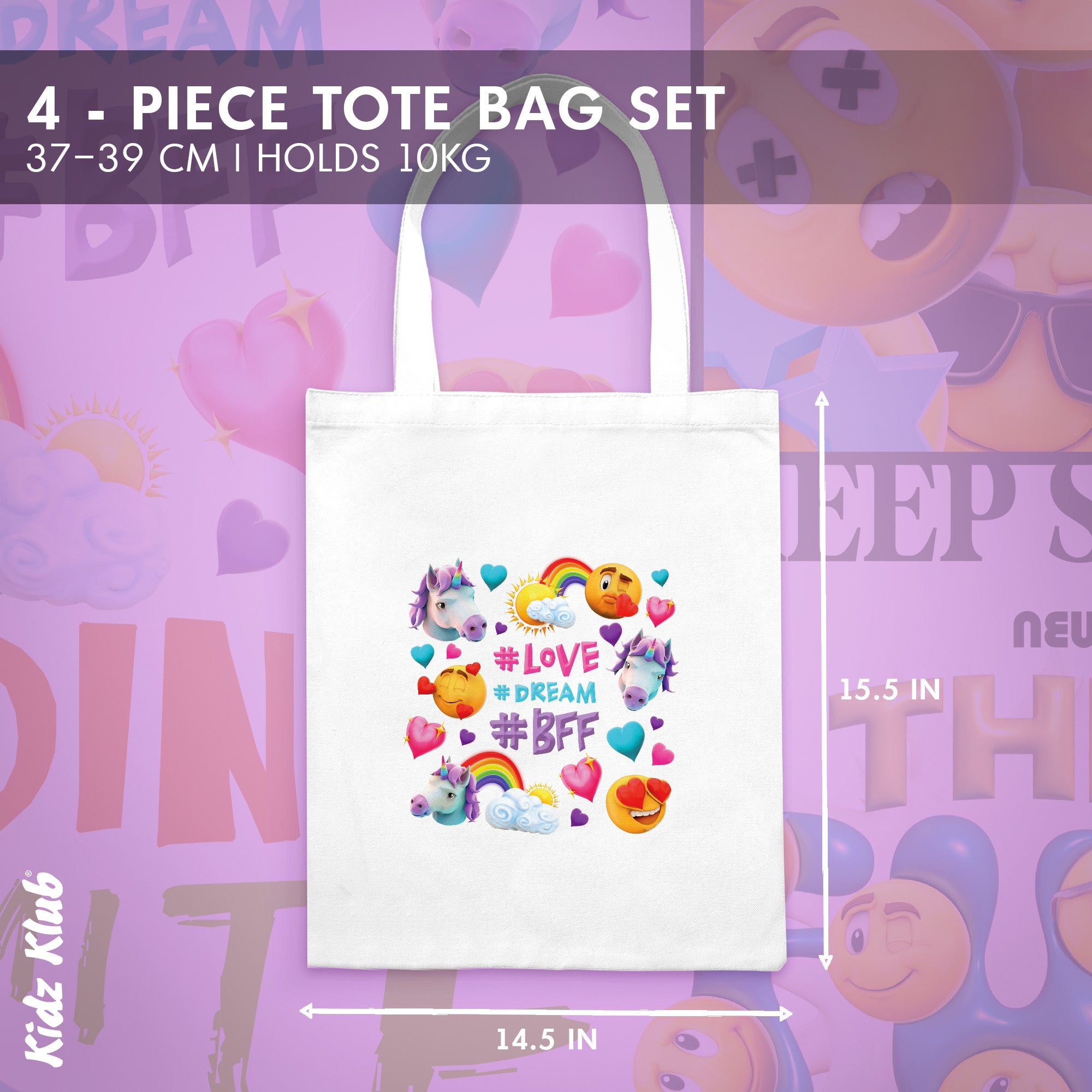 Kidz Klub Cotton Tote bag 40x40 Newmoji design - Pack of 4