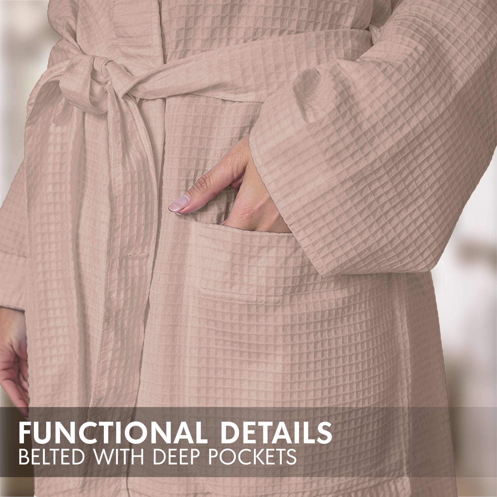 Hotel Linen Klub Cotton Bathrobe Free Size - Unisex Waffle Weave with Belt & Pockets - Beige