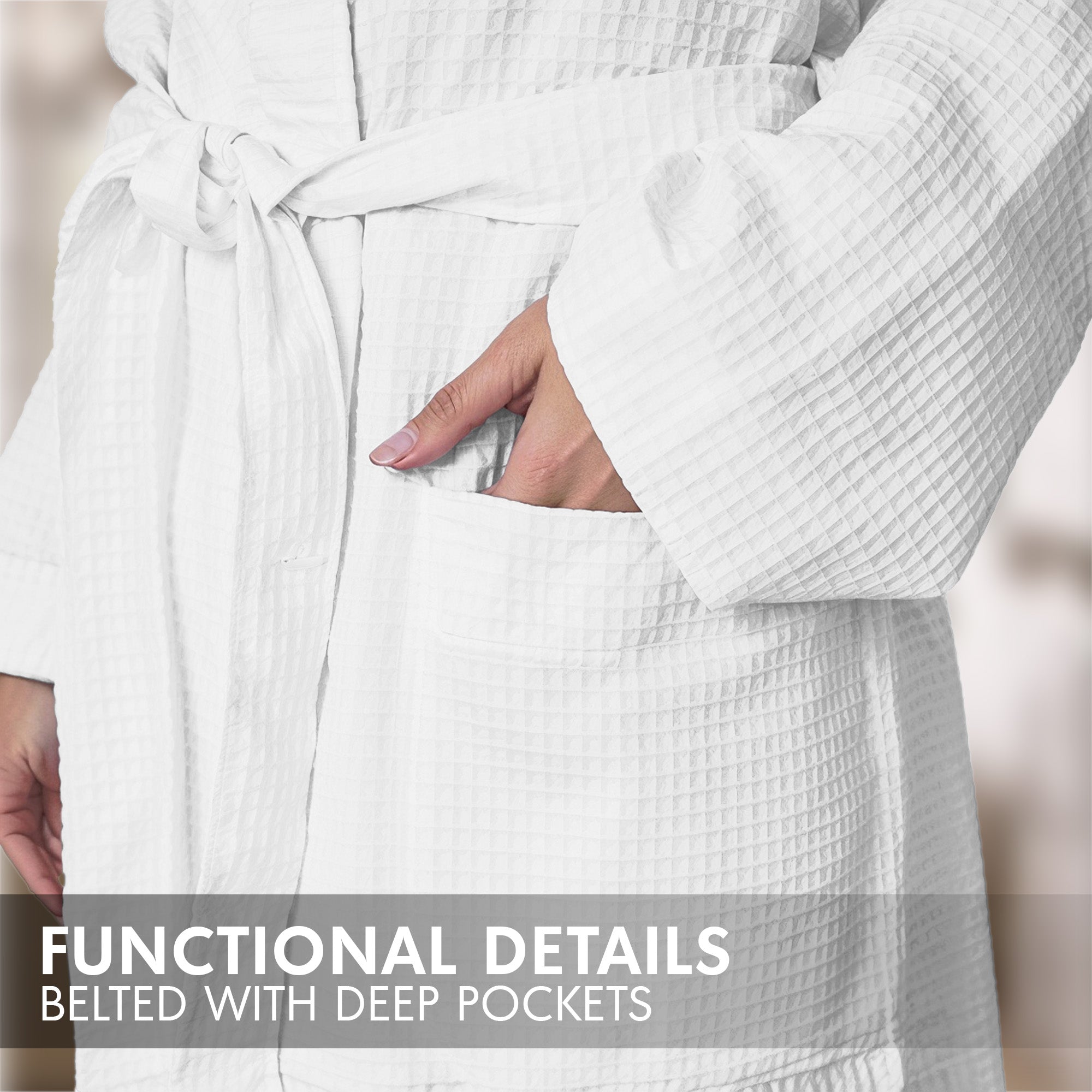 Hotel Linen Klub Cotton Bathrobe Free Size - Unisex Waffle Weave with Belt & Pockets - White