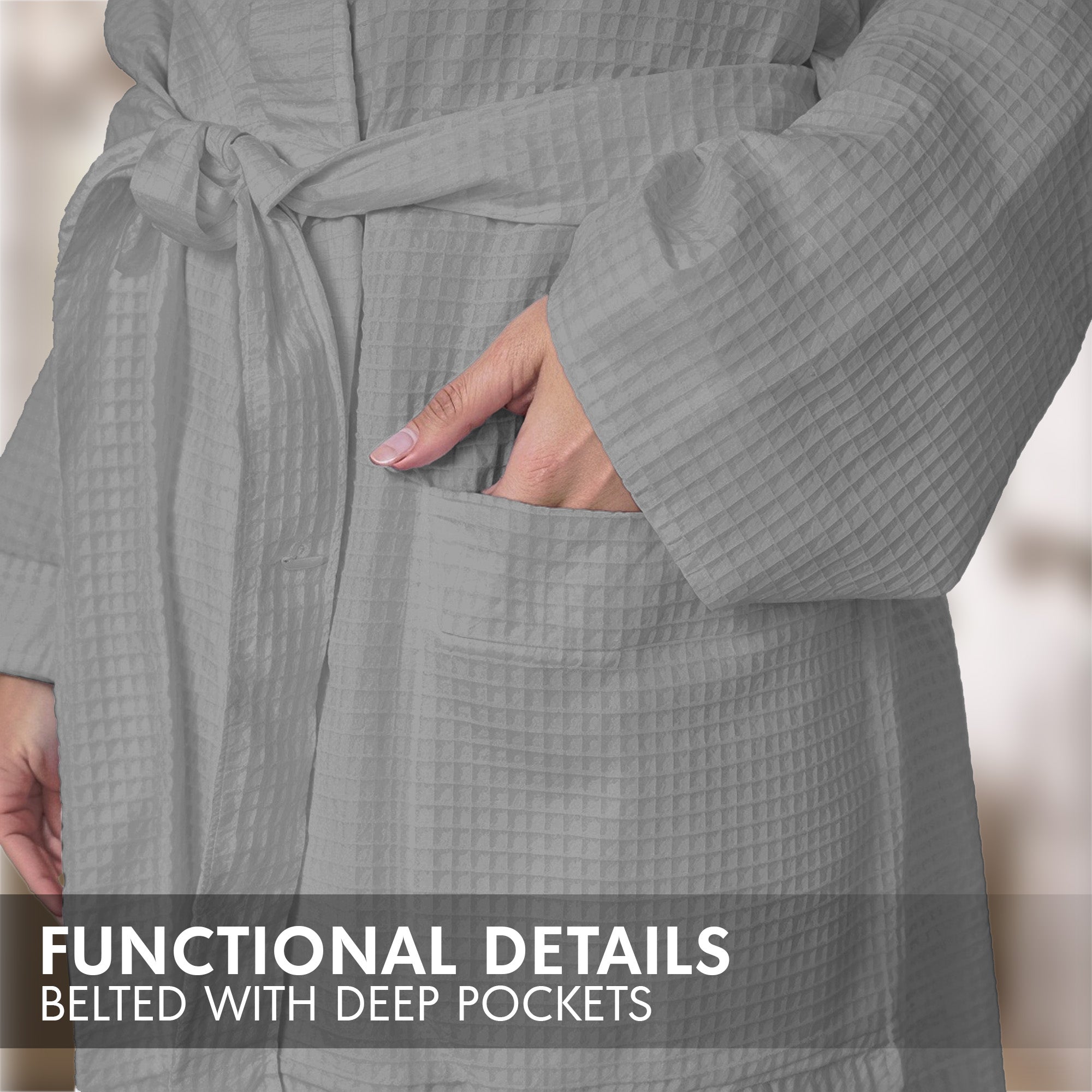 Hotel Linen Klub Cotton Bathrobe Free Size - Unisex Waffle Weave with Belt & Pockets - Gray