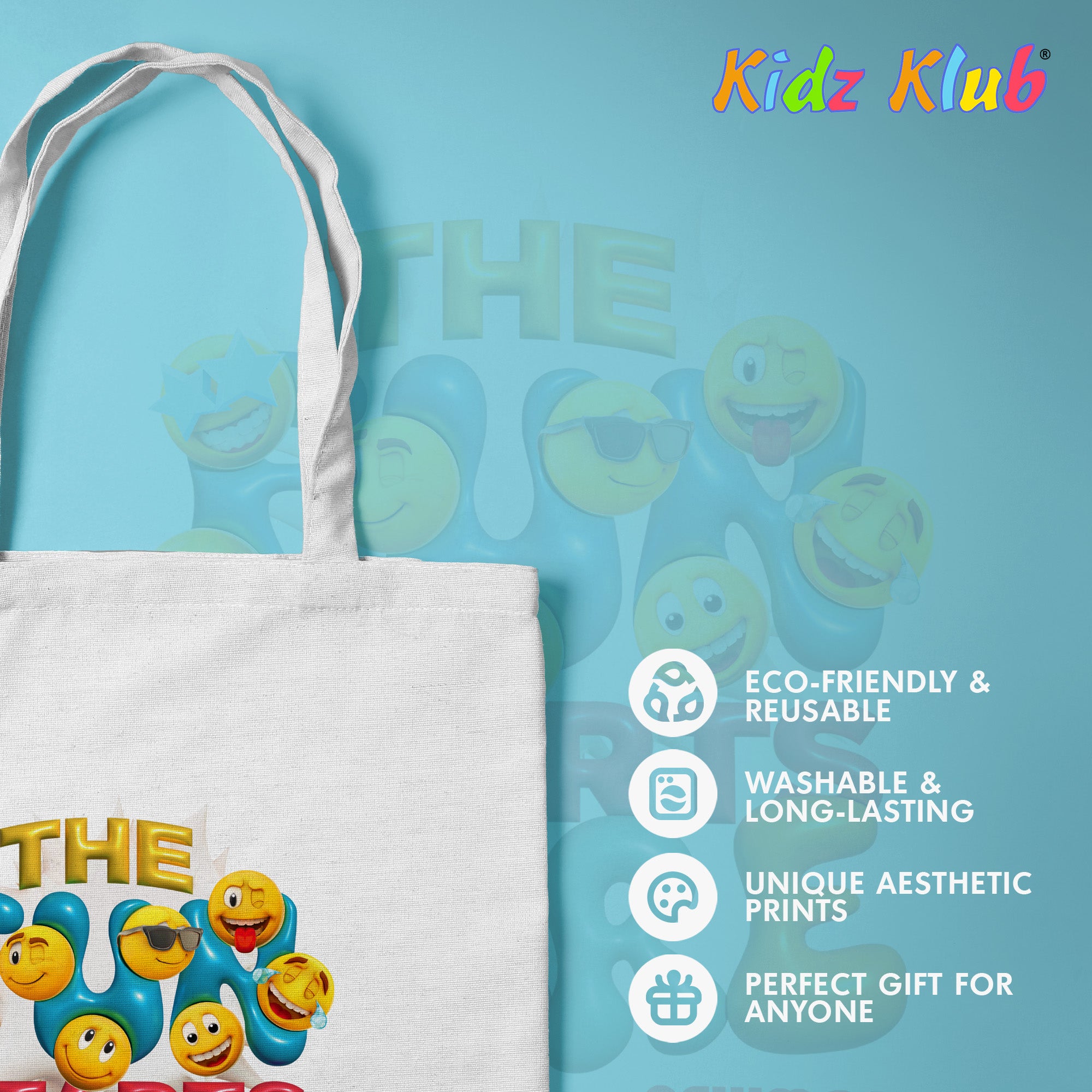 Kidz Klub Cotton Tote bag 40x40 Newmoji design - Pack of 2 - #Love & Fun Starts Here