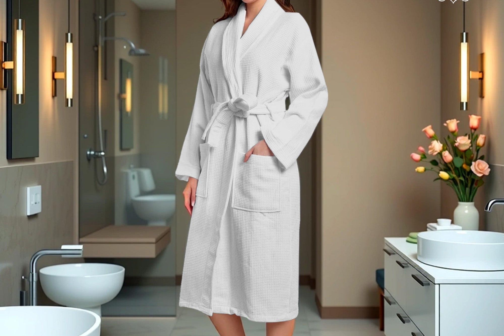 Hotel Linen Klub Cotton Bathrobe Free Size - Unisex Waffle Weave with Belt & Pockets - White