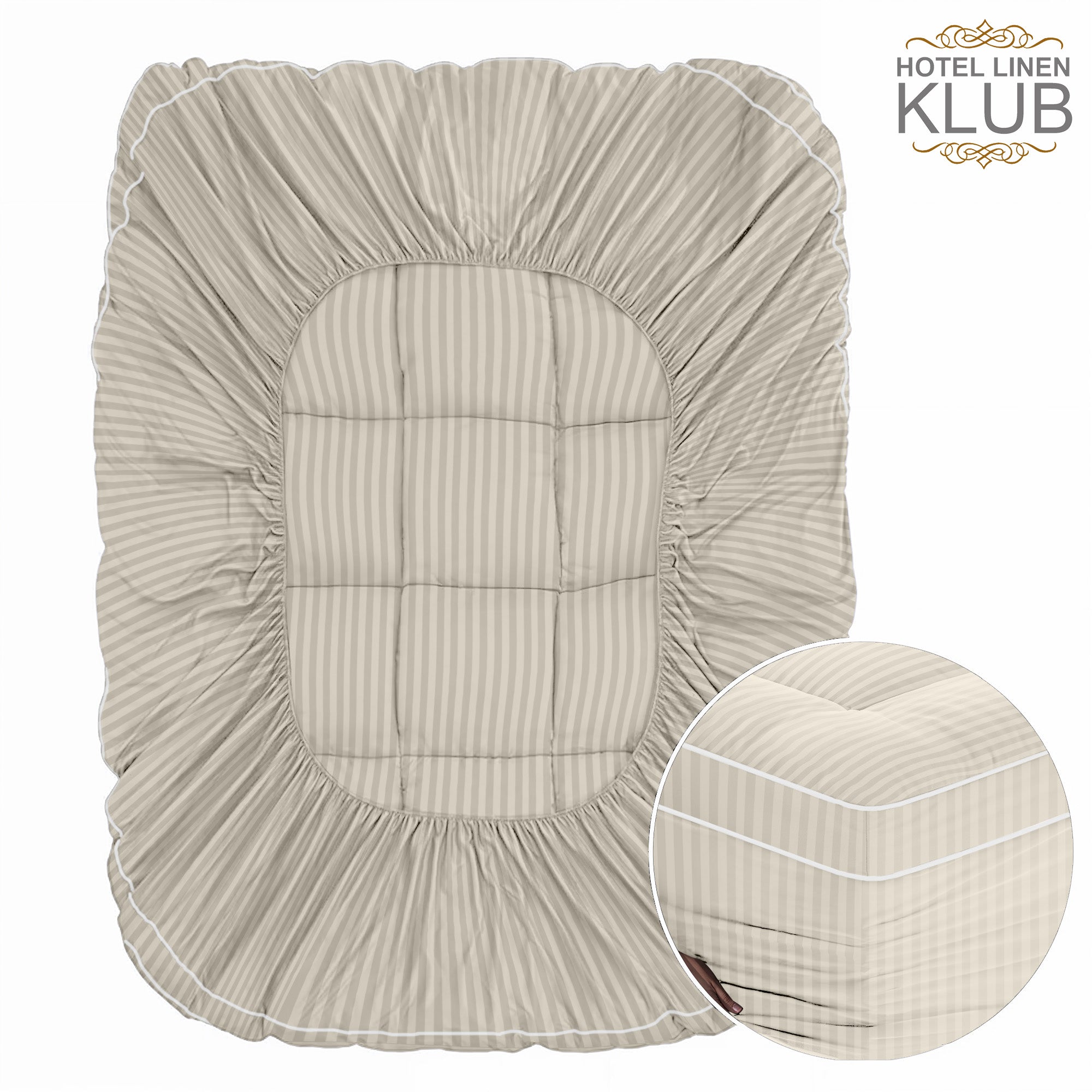 Hotel Linen Klub Fitted Mattress Topper Striped – 800 GSM Premium - Deep Pocket with All-around Elastic  - Stone