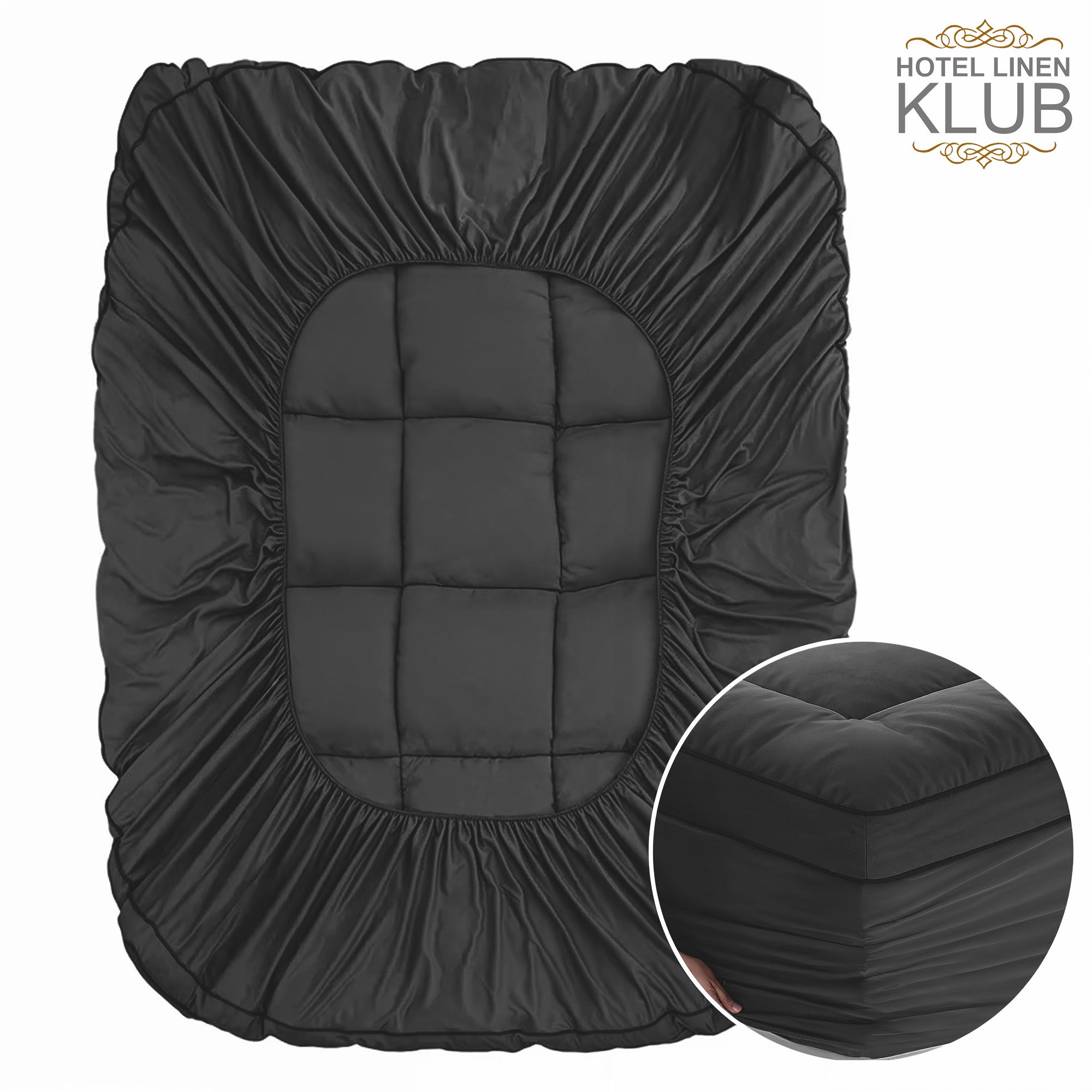 Hotel Linen Klub Fitted Mattress Topper Plain – 800 GSM Premium - Deep Pocket with All-around Elastic - Black