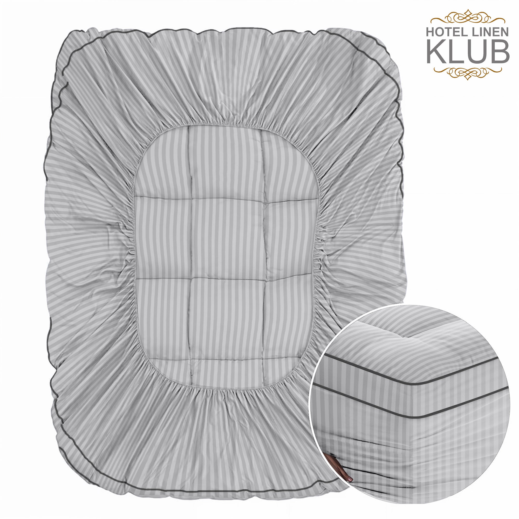 Hotel Linen Klub Fitted Mattress Topper Striped – 800 GSM Premium - Deep Pocket with All-around Elastic  Light Grey