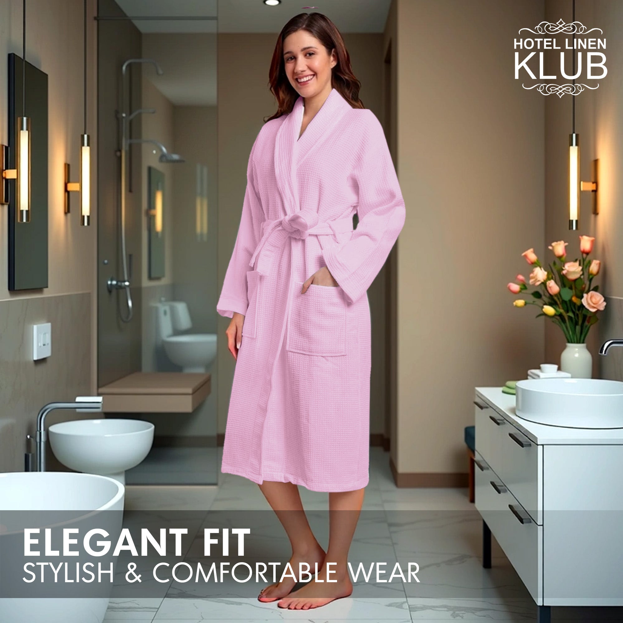 Hotel Linen Klub Cotton Bathrobe Free Size - Unisex Waffle Weave with Belt & Pockets - Pink