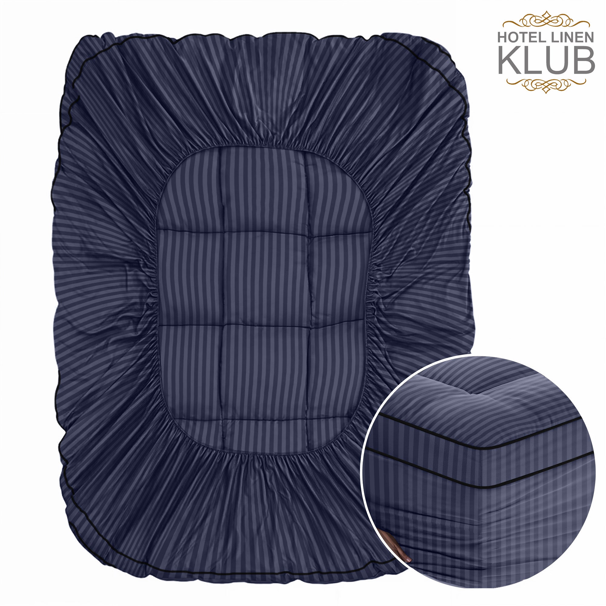 Hotel Linen Klub Fitted Mattress Topper Striped – 800 GSM Premium - Deep Pocket with All-around Elastic  - Navy