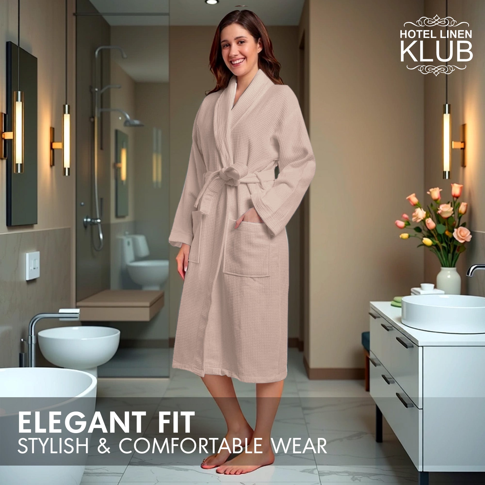 Hotel Linen Klub Cotton Bathrobe Free Size - Unisex Waffle Weave with Belt & Pockets - Beige