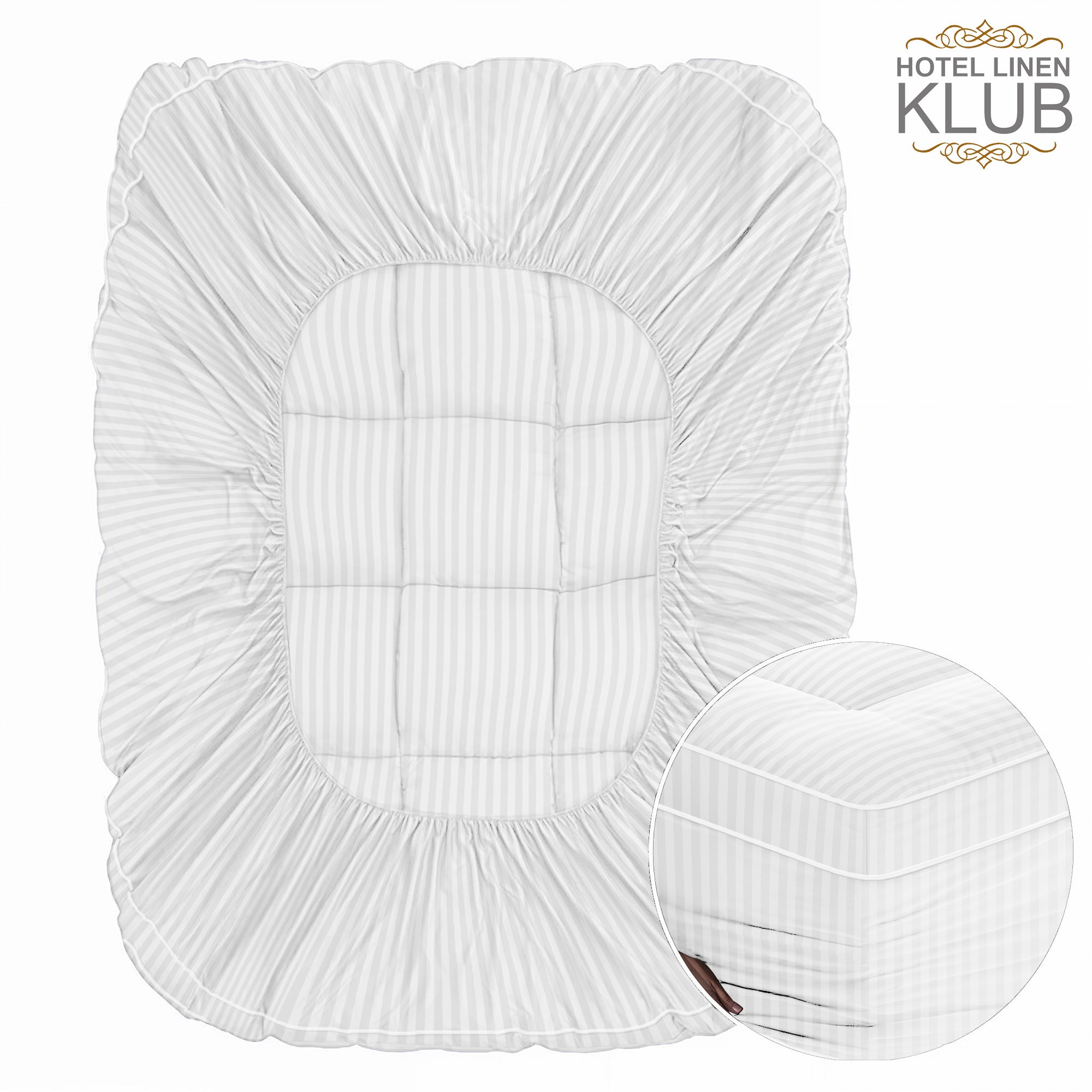 Hotel Linen Klub Fitted Mattress Topper Striped – 800 GSM Premium - Deep Pocket with All-around Elastic - White
