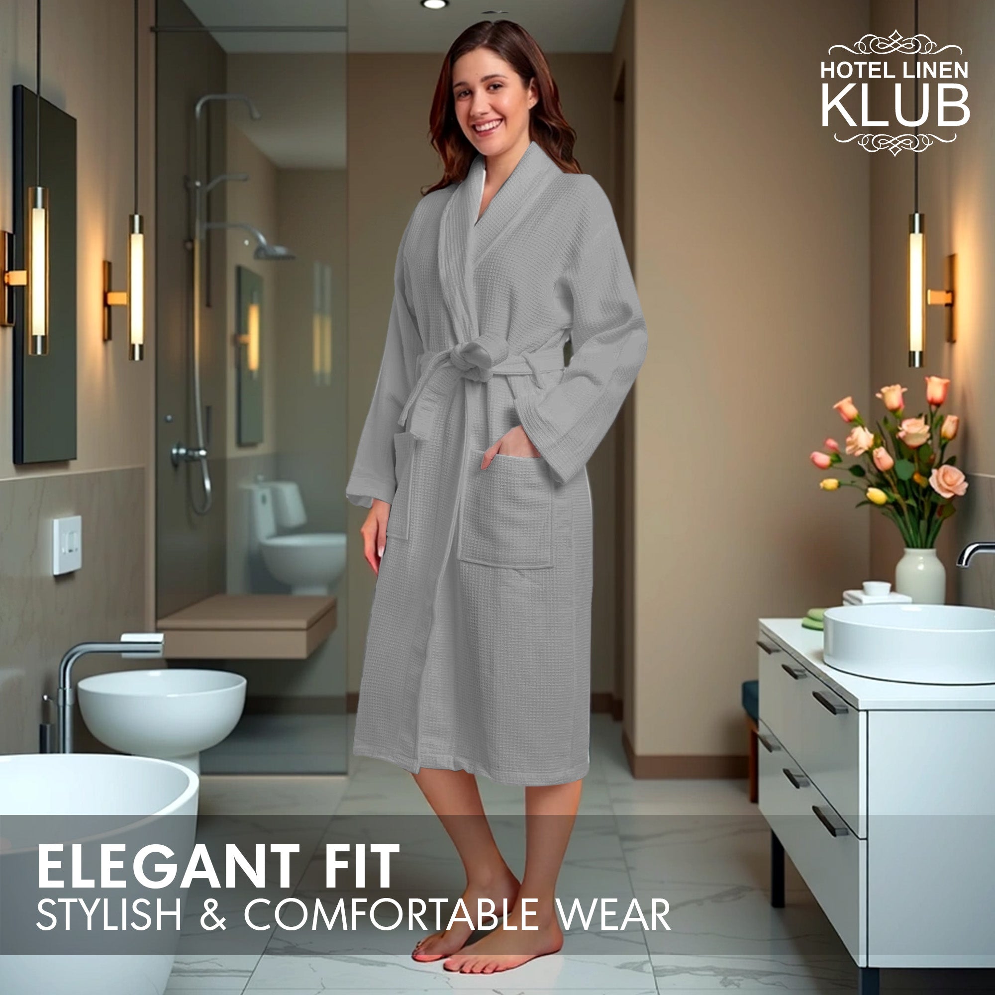 Hotel Linen Klub Cotton Bathrobe Free Size - Unisex Waffle Weave with Belt & Pockets - Gray