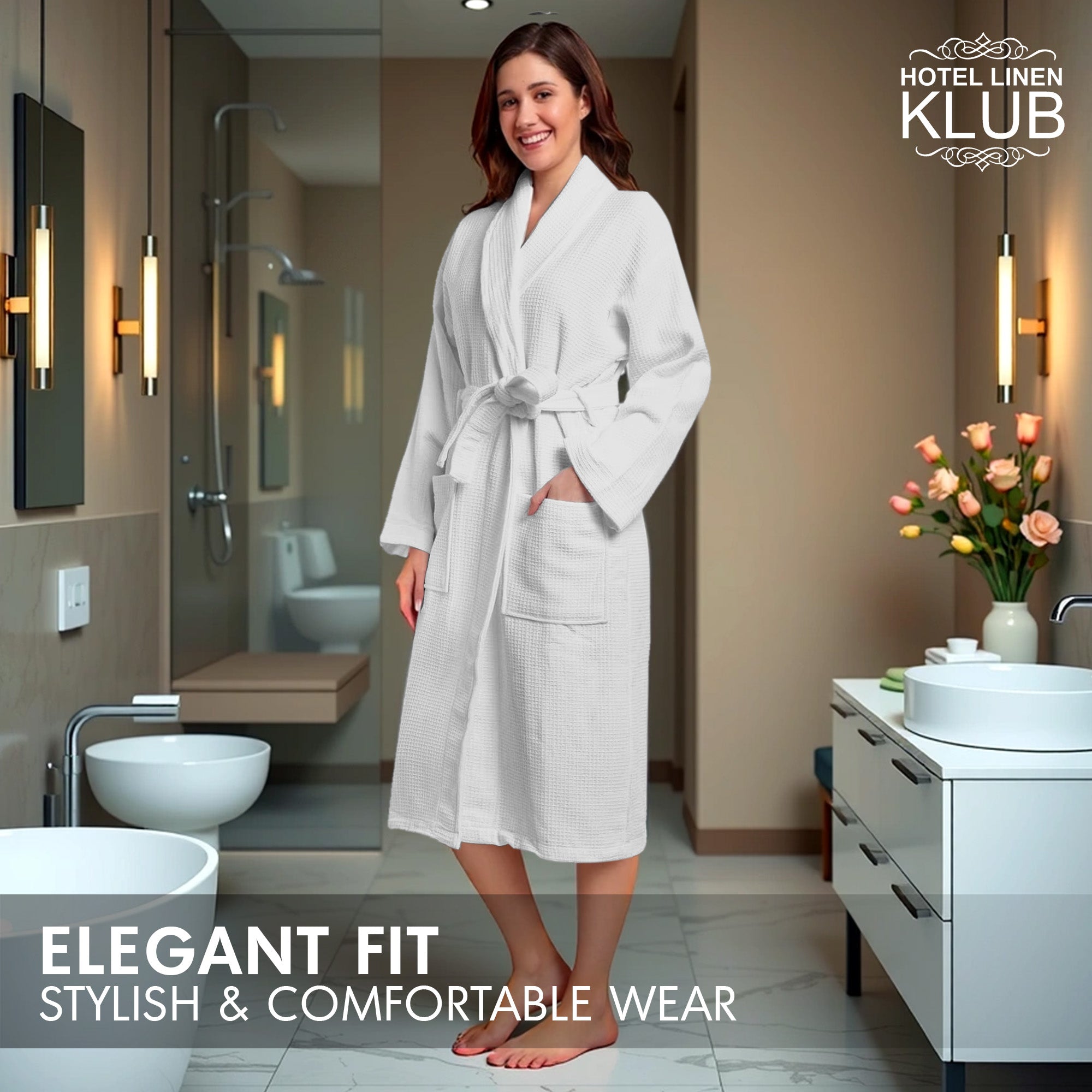 Hotel Linen Klub Cotton Bathrobe Free Size - Unisex Waffle Weave with Belt & Pockets - White