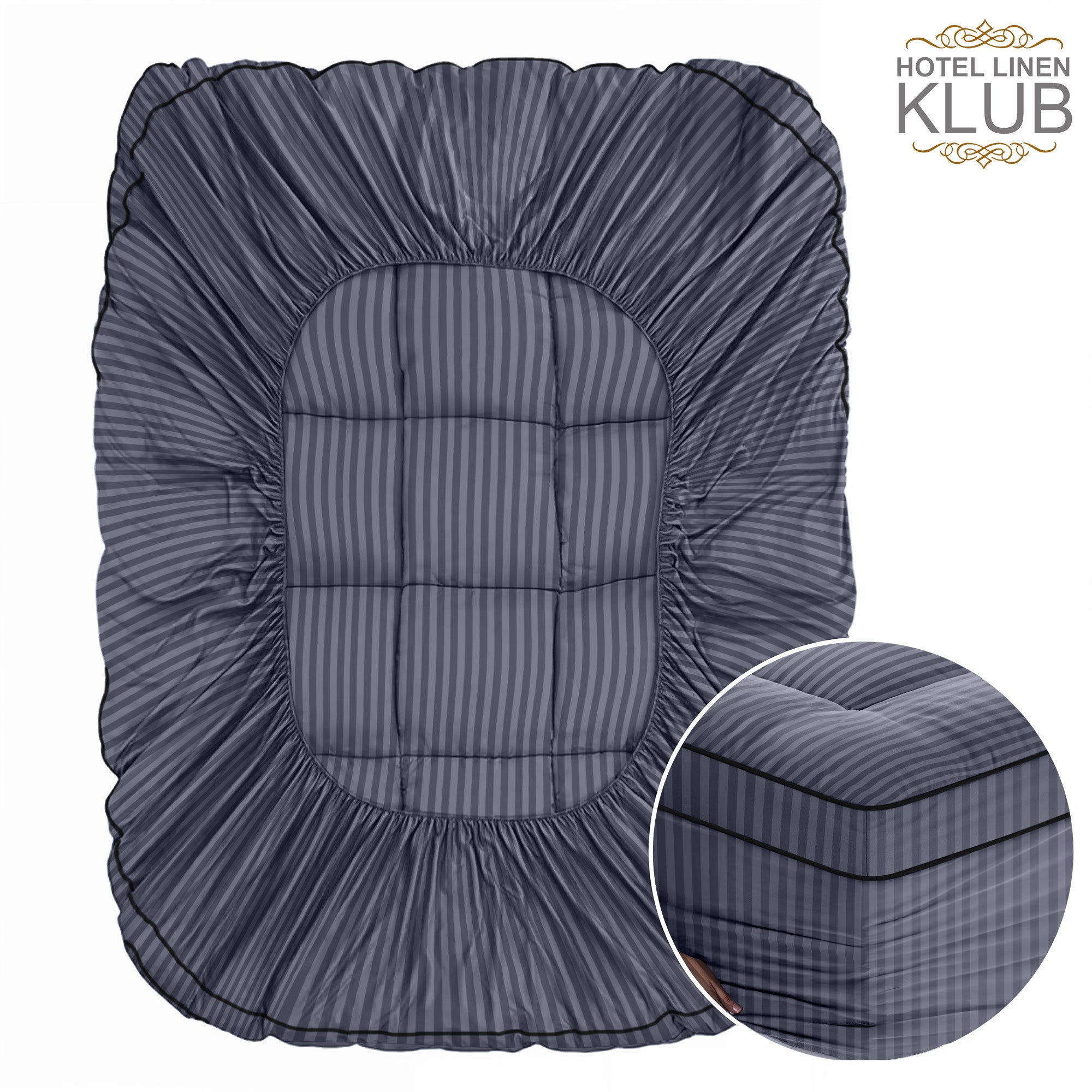 Hotel Linen Klub Fitted Mattress Topper Striped – 800 GSM Premium - Deep Pocket with All-around Elastic - Dark Grey
