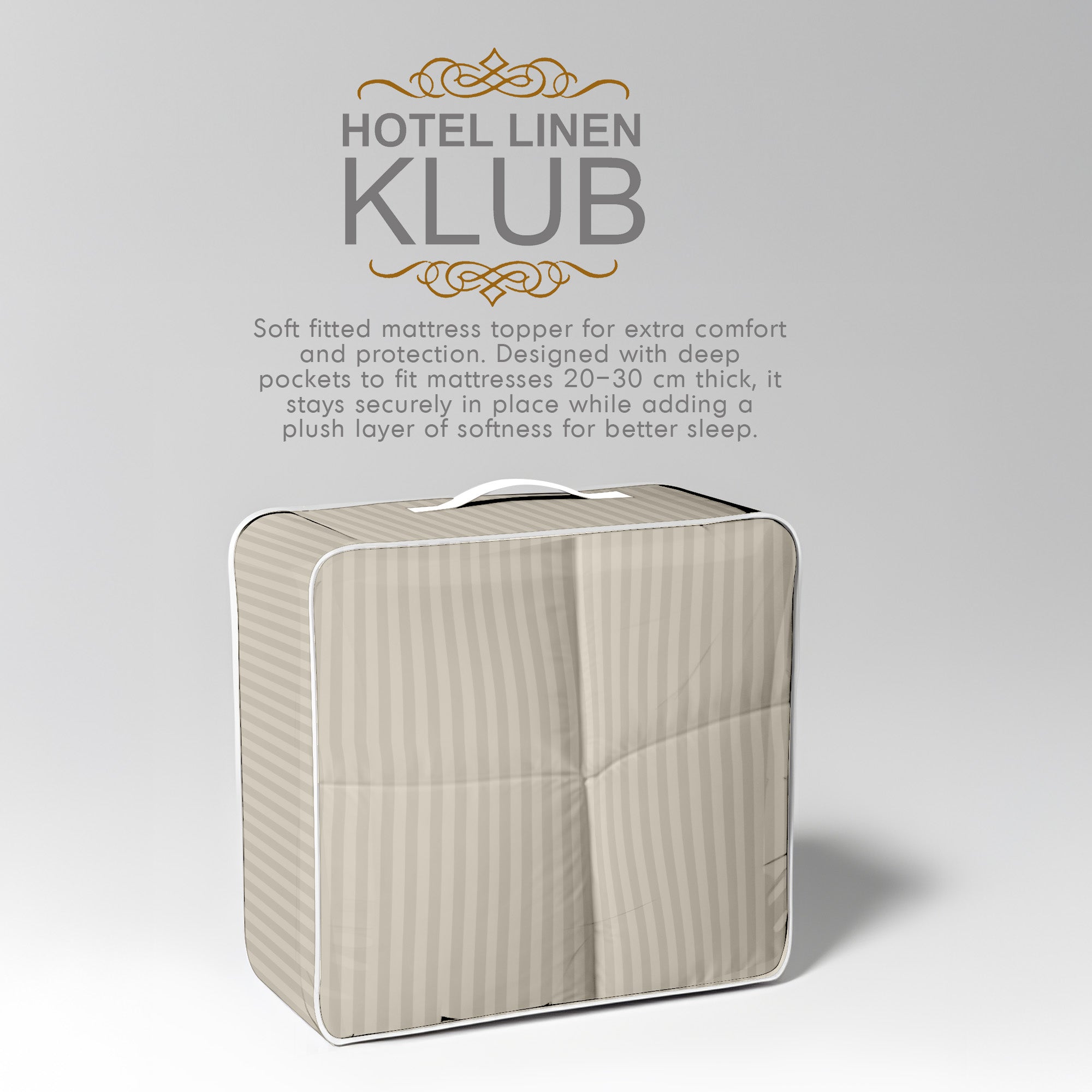 Hotel Linen Klub Fitted Mattress Topper Striped – 800 GSM Premium - Deep Pocket with All-around Elastic  - Stone