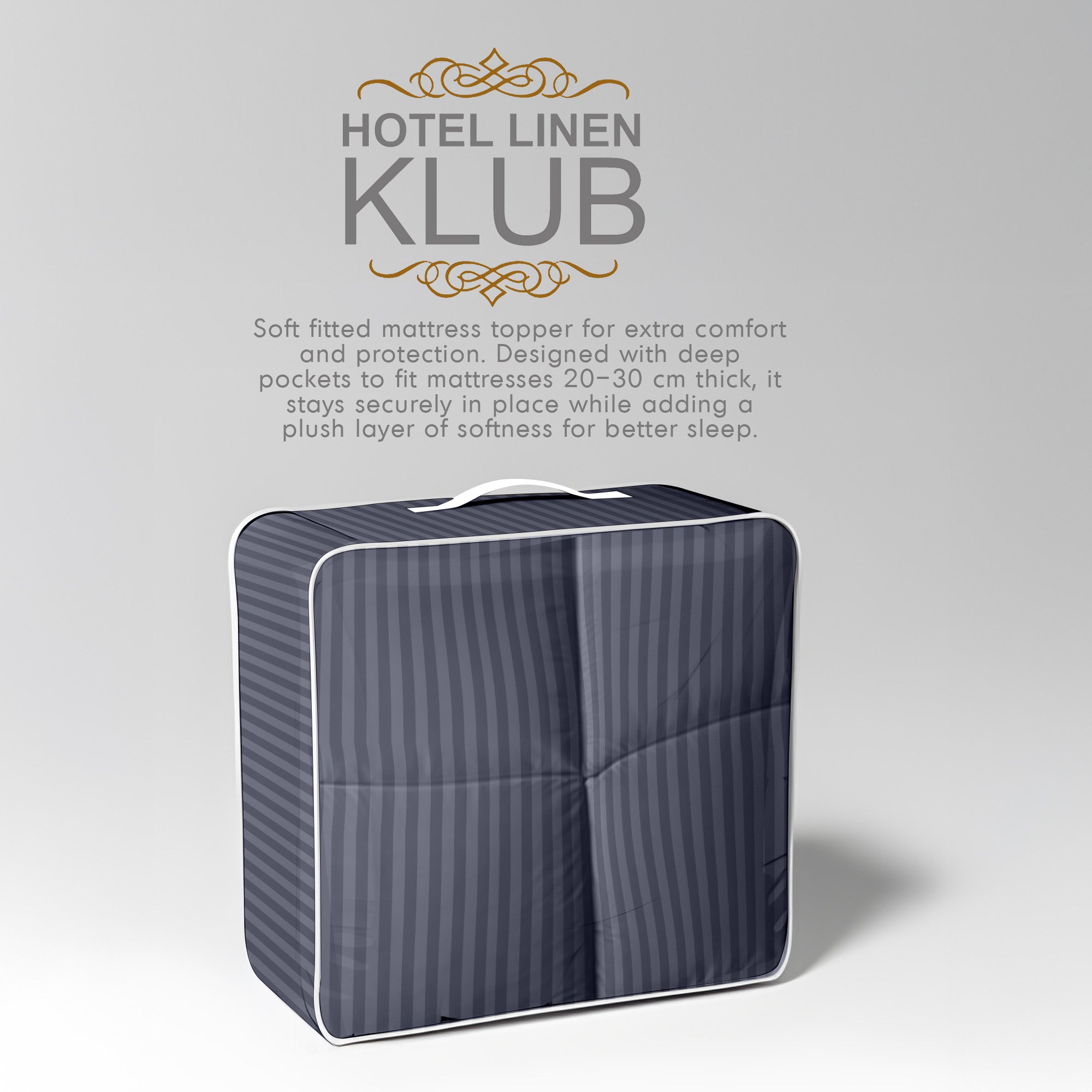 Hotel Linen Klub Fitted Mattress Topper Striped – 800 GSM Premium - Deep Pocket with All-around Elastic - Dark Grey