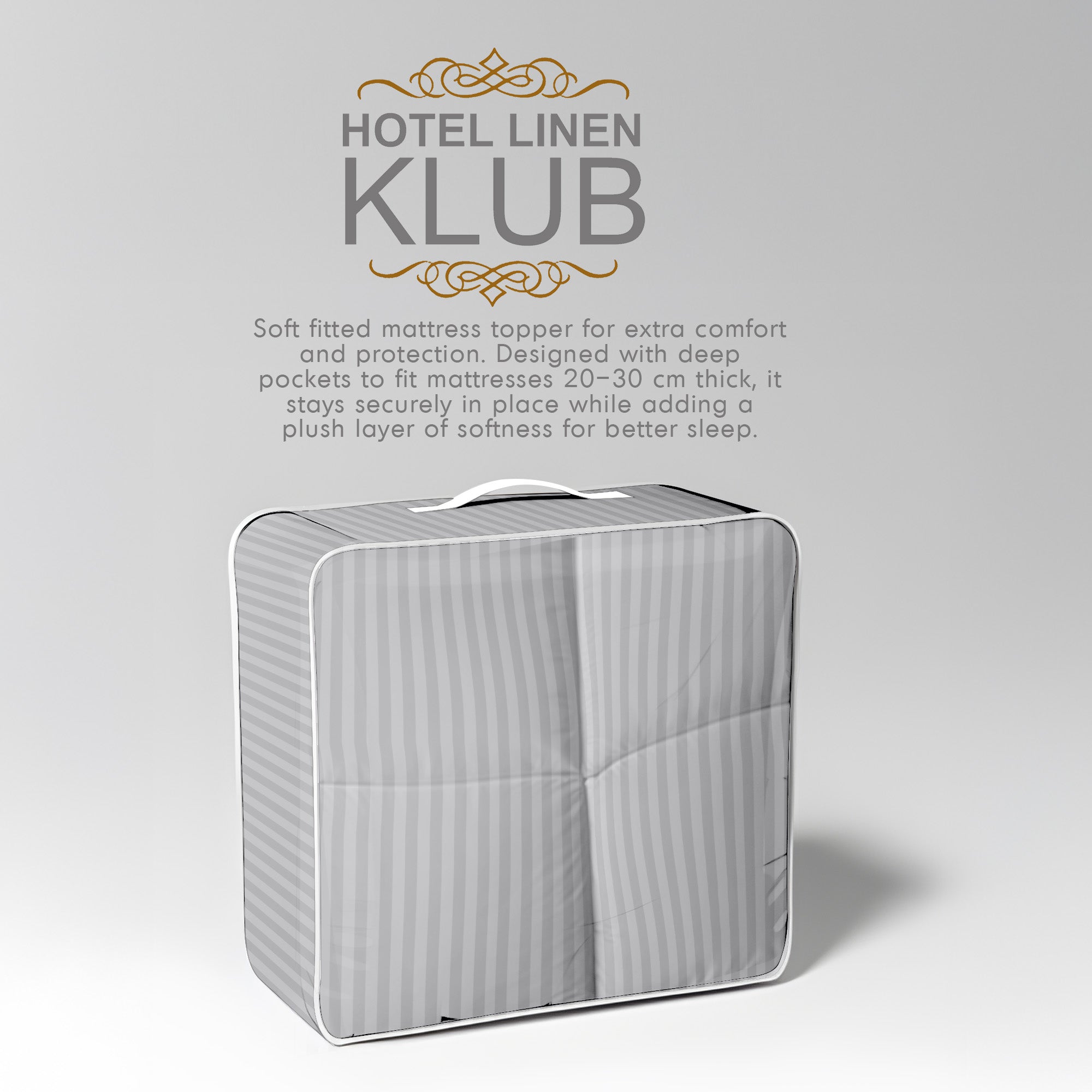 Hotel Linen Klub Fitted Mattress Topper Striped – 800 GSM Premium - Deep Pocket with All-around Elastic  Light Grey