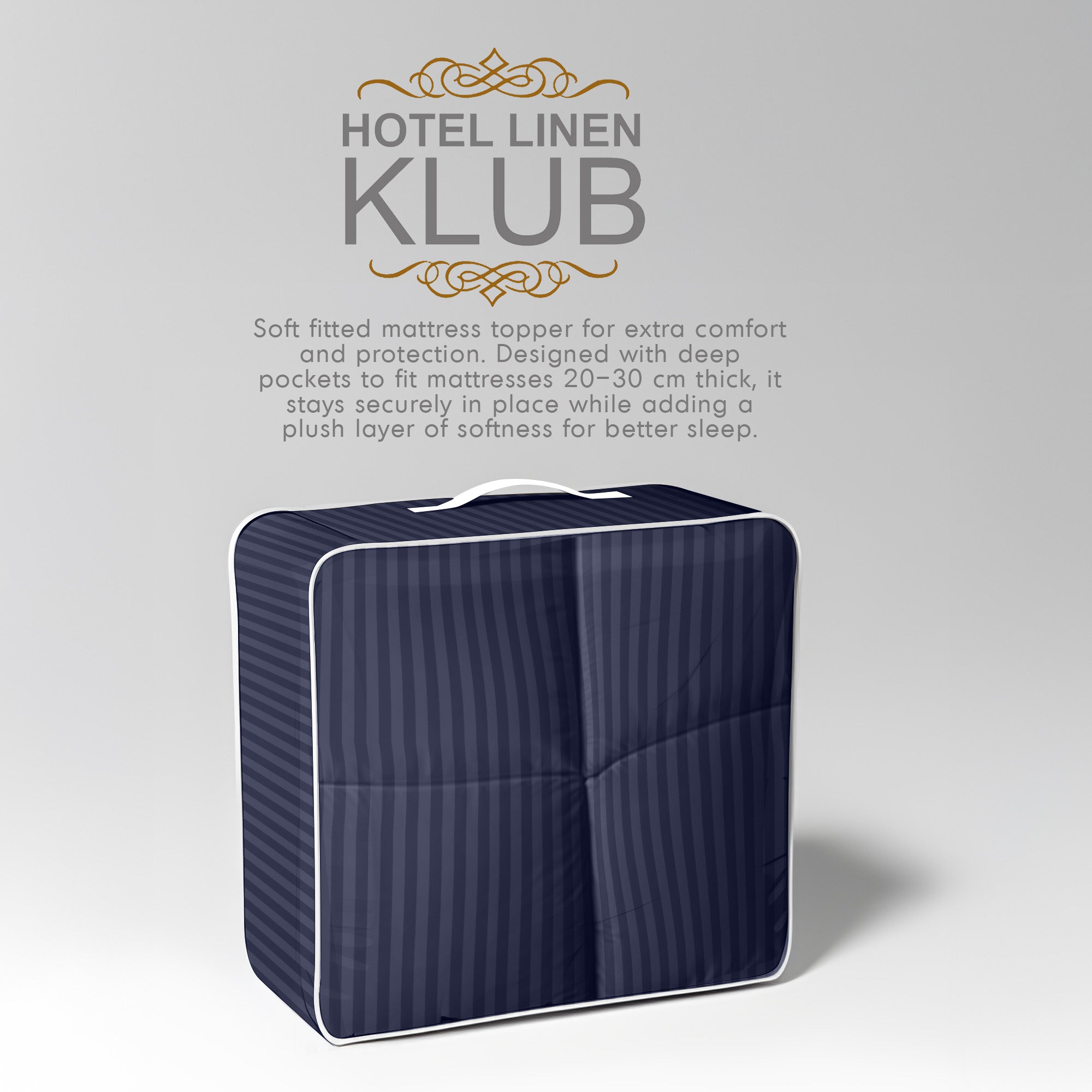Hotel Linen Klub Fitted Mattress Topper Striped – 800 GSM Premium - Deep Pocket with All-around Elastic  - Navy