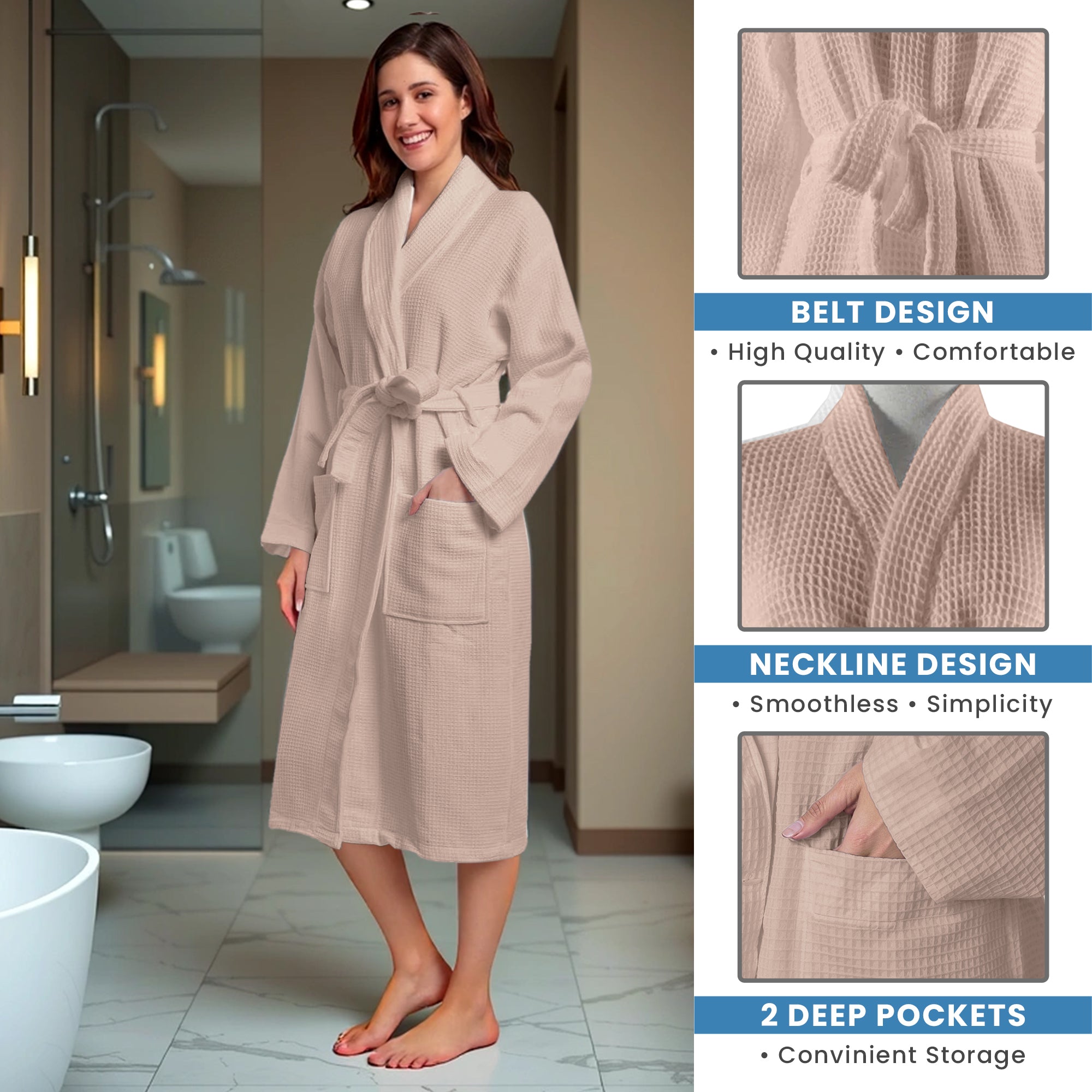 Hotel Linen Klub Cotton Bathrobe Free Size - Unisex Waffle Weave with Belt & Pockets - Beige