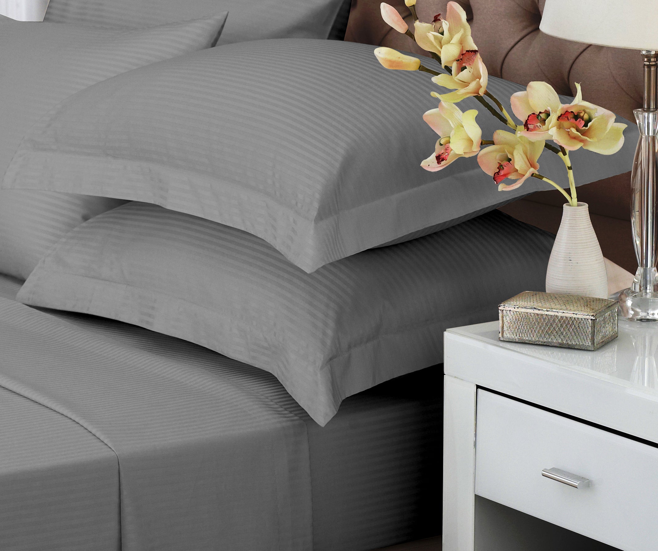 Hotel Linen Klub Bed Sheet Set – 3-Piece 300 TC 100% Cotton Stripe Sateen - Gray