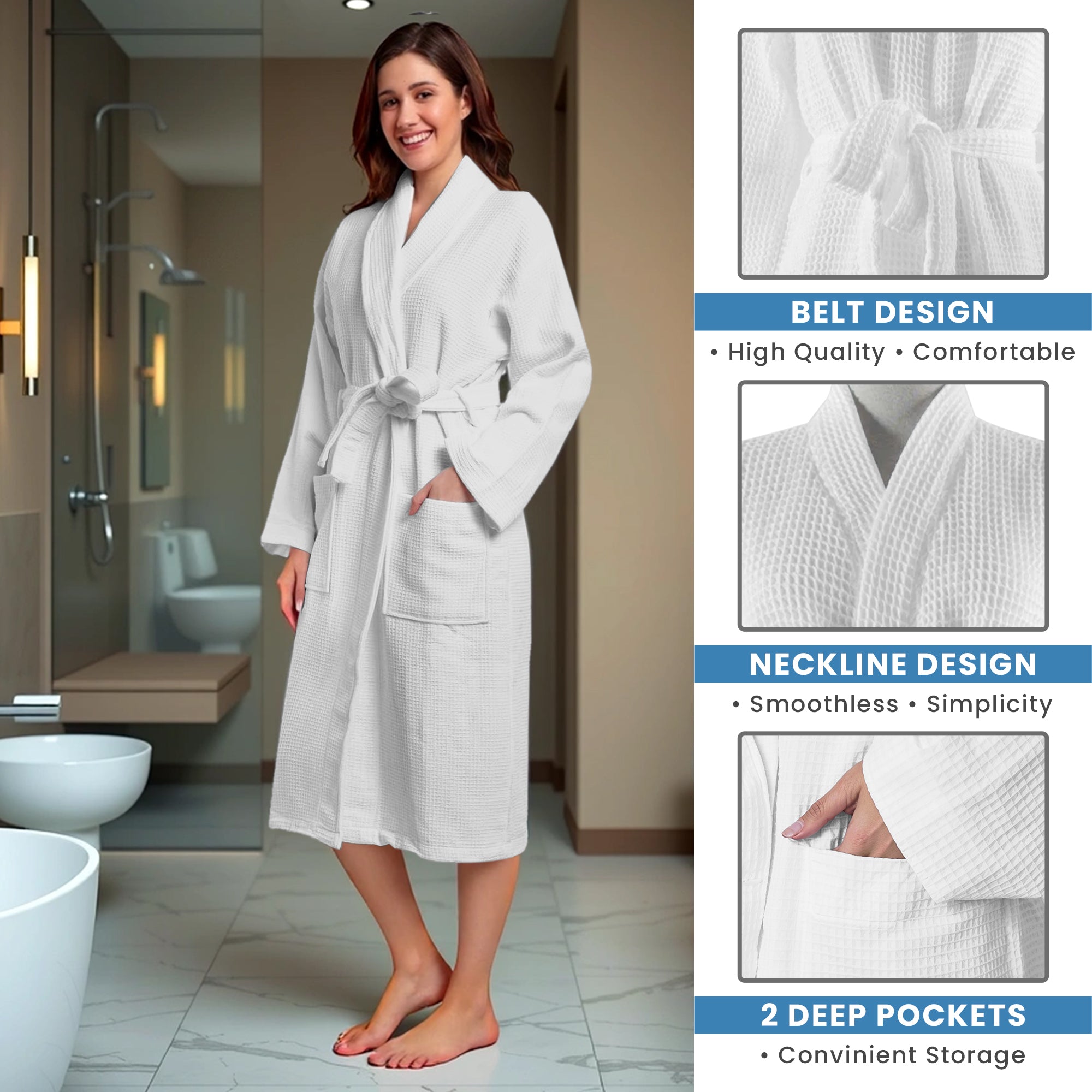 Hotel Linen Klub Cotton Bathrobe Free Size - Unisex Waffle Weave with Belt & Pockets - White